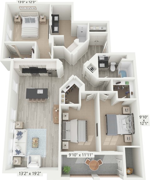 A floor plan of a two-bedroom apartment with dimensions.